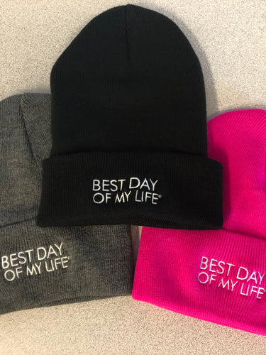 3 beanies, grey, black, and bright pink with best day of my life embroidered in white